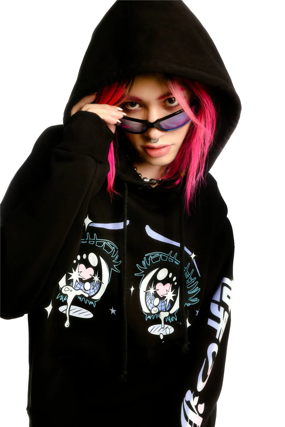 Kawaii Aesthetic Crying Eyes Hoodie – Pastel & Dark Anime Pullover with Sleeve Graphics