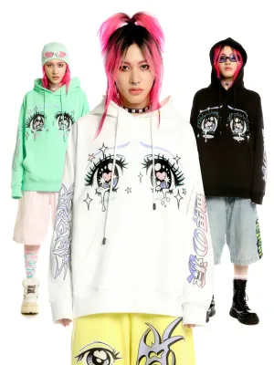 Kawaii Aesthetic Crying Eyes Hoodie – Pastel & Dark Anime Pullover with Sleeve Graphics