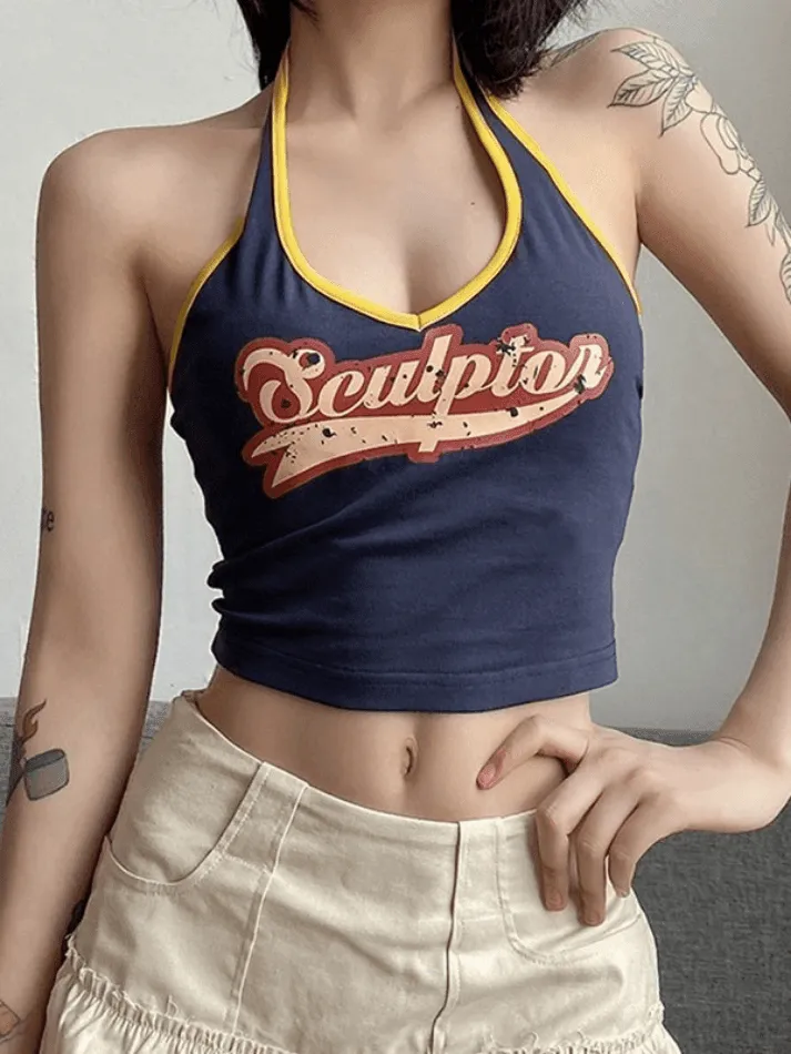 Logo Print Halter Cropped Tank Top