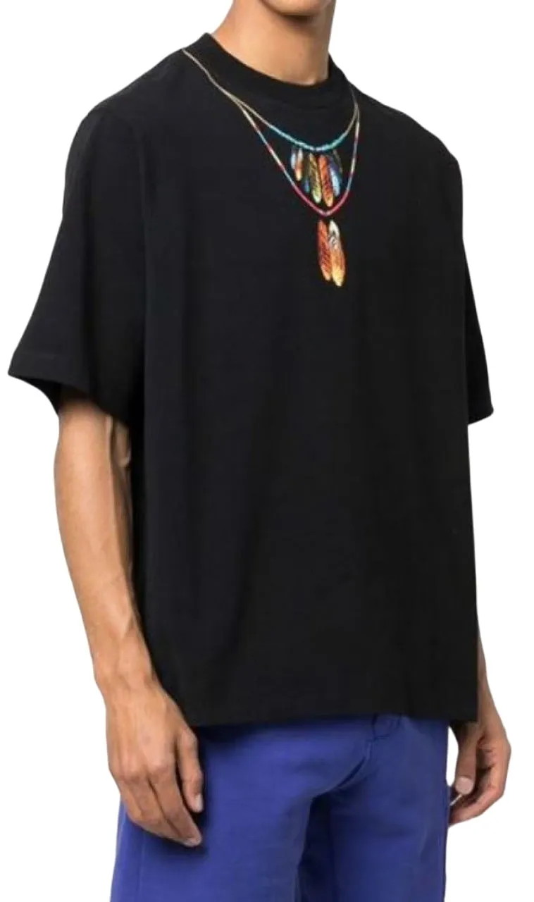 Marcelo Burlon Feathers Necklace Over T-Shirt Black Red