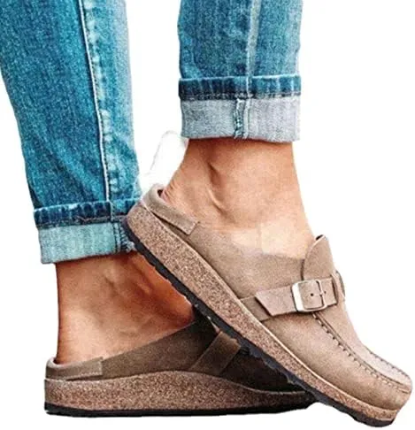 NEW Lightweight Women's Fashion Sandals Casual Comfy Clogs Platform Suede Slip On Sandals Summer Home Office Shoes Flat Mule Round Toe Loafer Shoes Closed Toe Walking Slippers Lady Boat Shoes, Khaki Sz 7