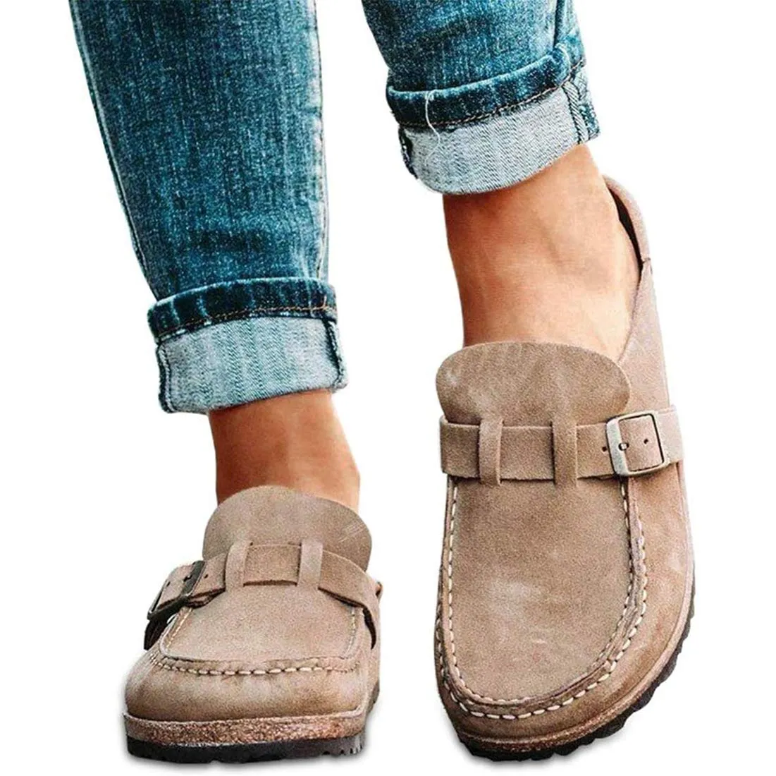 NEW Lightweight Women's Fashion Sandals Casual Comfy Clogs Platform Suede Slip On Sandals Summer Home Office Shoes Flat Mule Round Toe Loafer Shoes Closed Toe Walking Slippers Lady Boat Shoes, Khaki Sz 7
