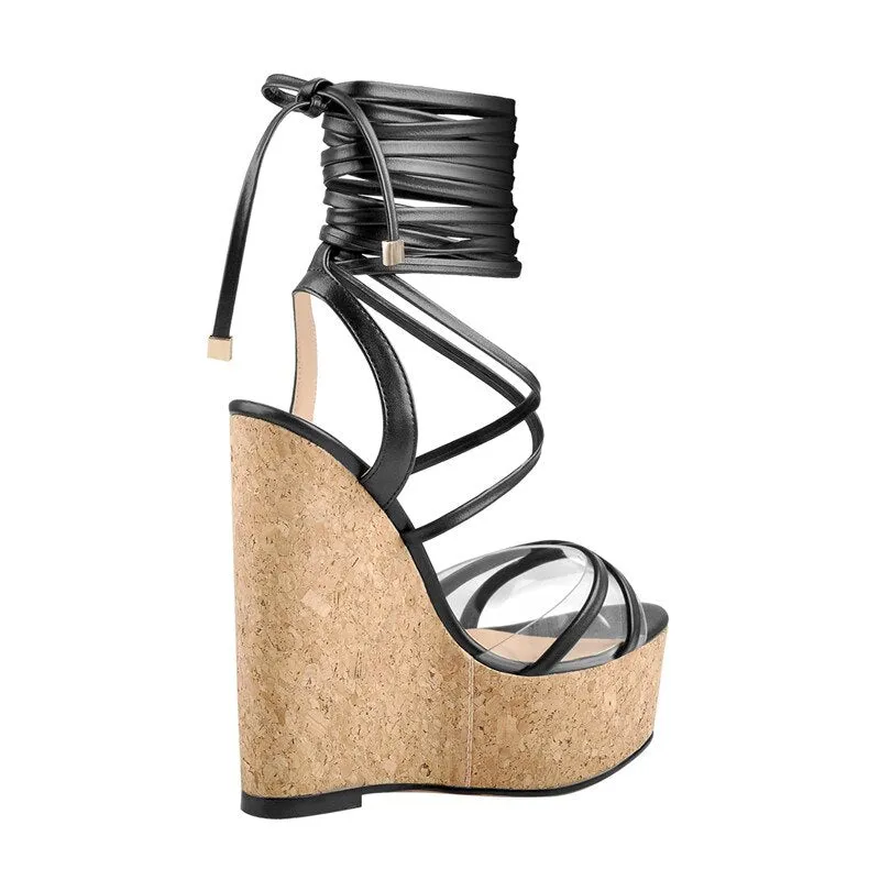 Peep Toe Lace up Wedge Platform Sandals