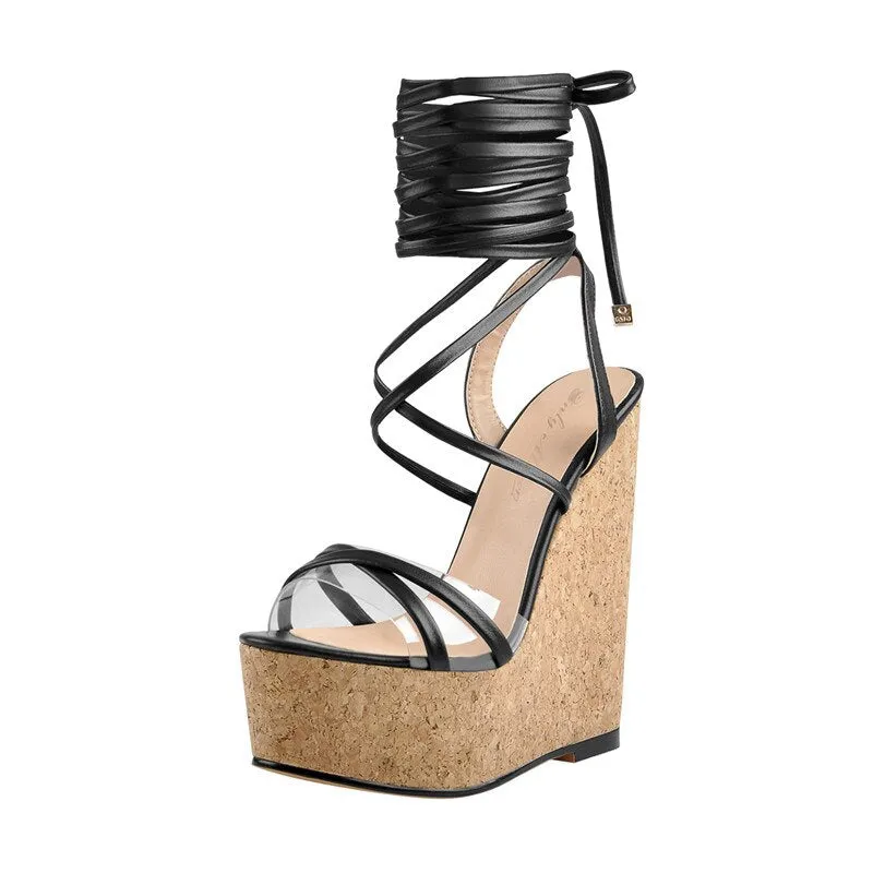 Peep Toe Lace up Wedge Platform Sandals