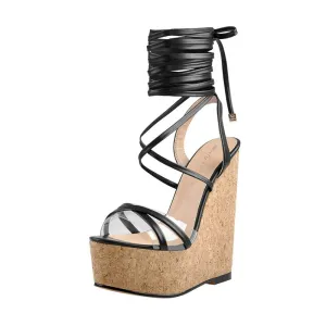 Peep Toe Lace up Wedge Platform Sandals