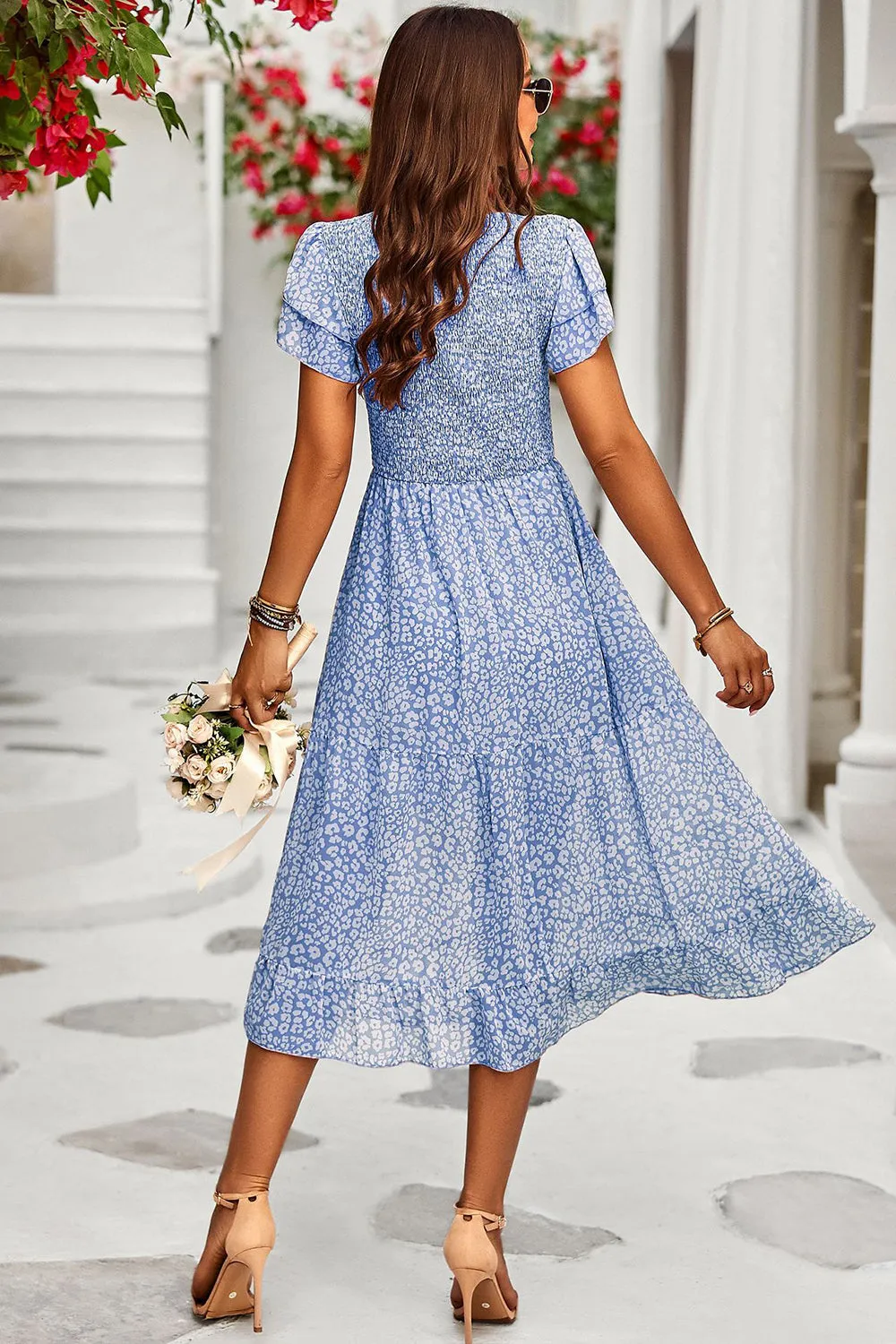 Pink Short Sleeves Floral Printed Midi Summer Dress With Ruffles