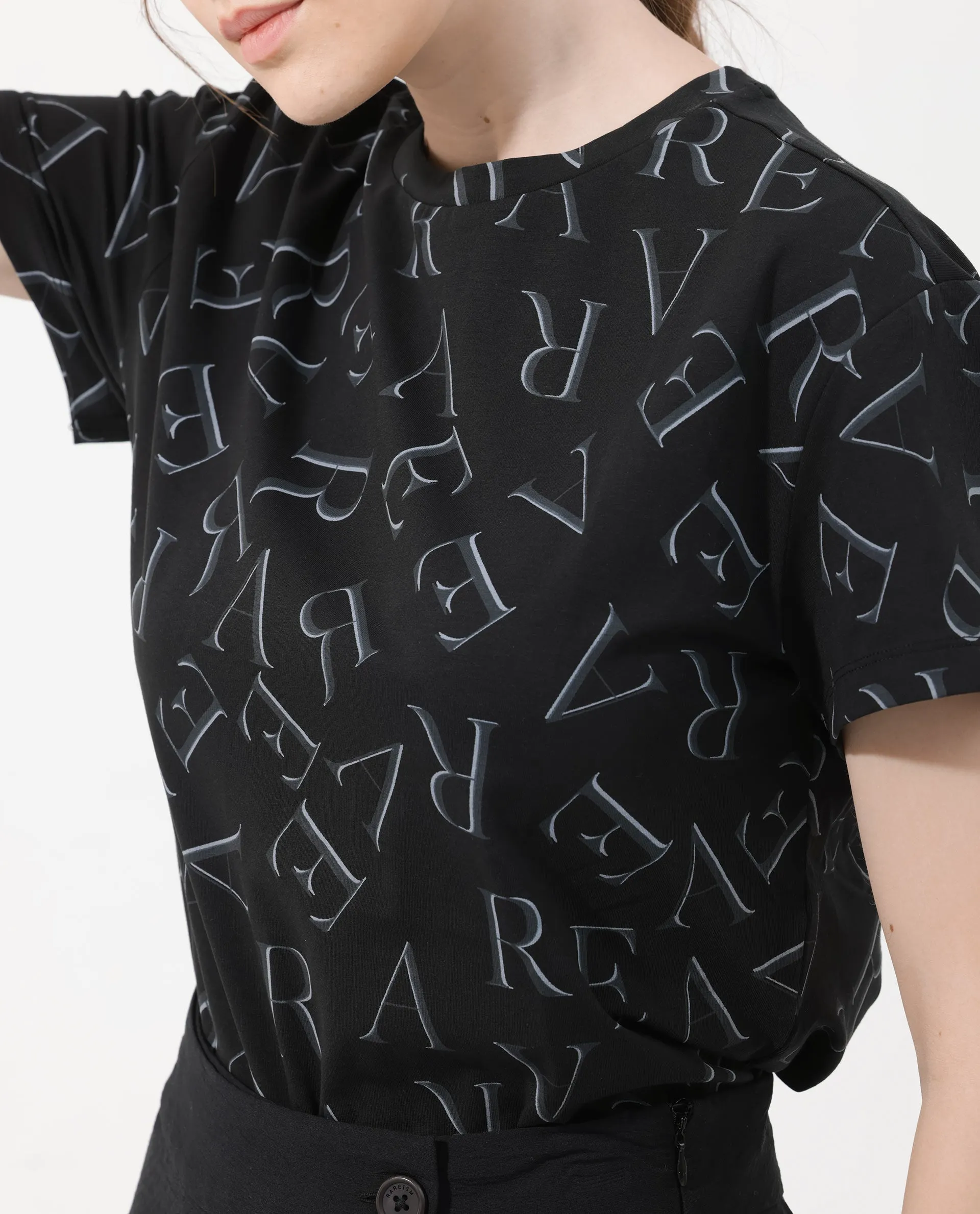 Rareism Women Cassia Black Cotton Elastane Fabric Crew Neck Knit Solid T-Shirt