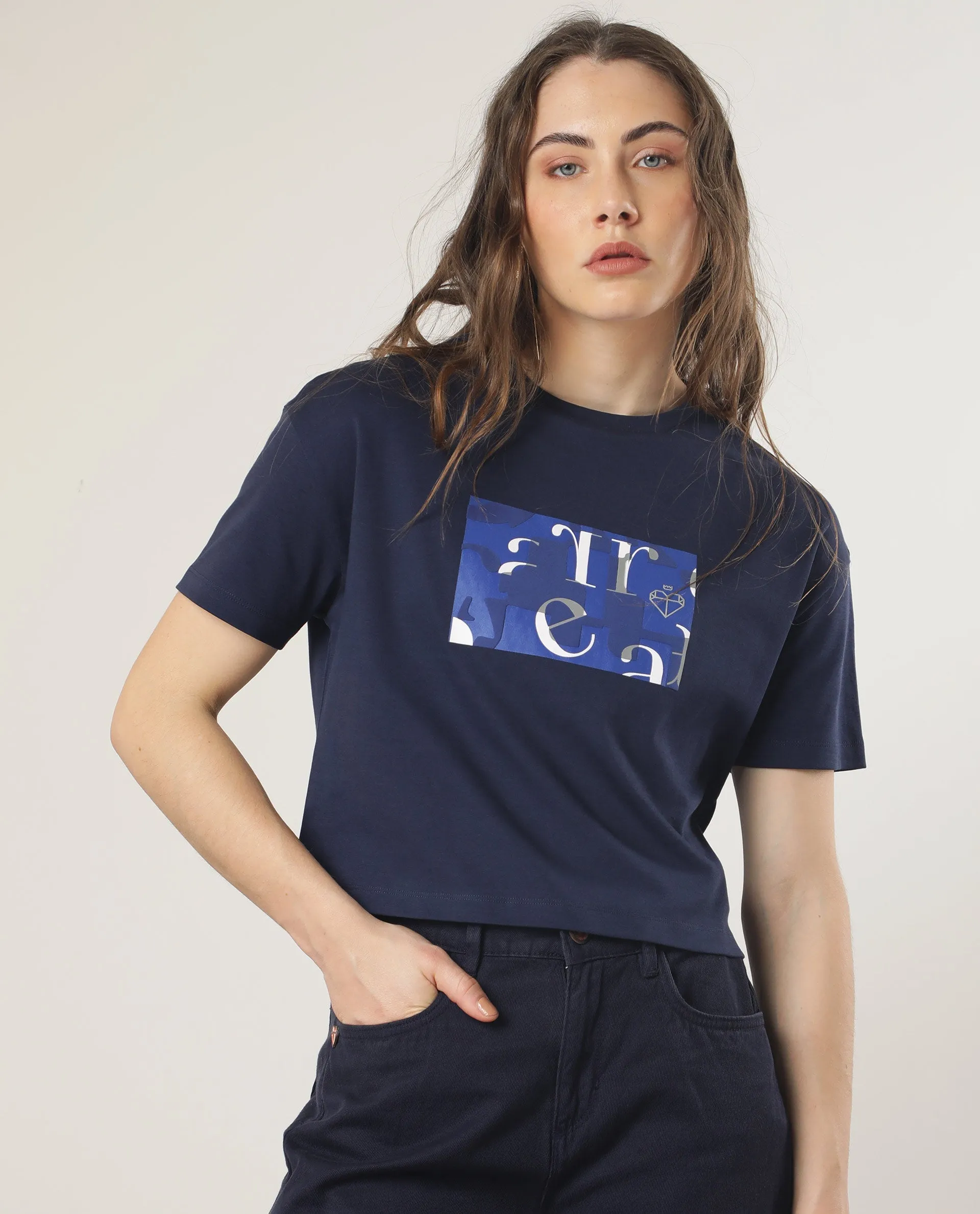 Rareism Women Iolet Blue Cotton Fabric Short Sleeves Crew Neck Regular Fit Graphic Print T-Shirt