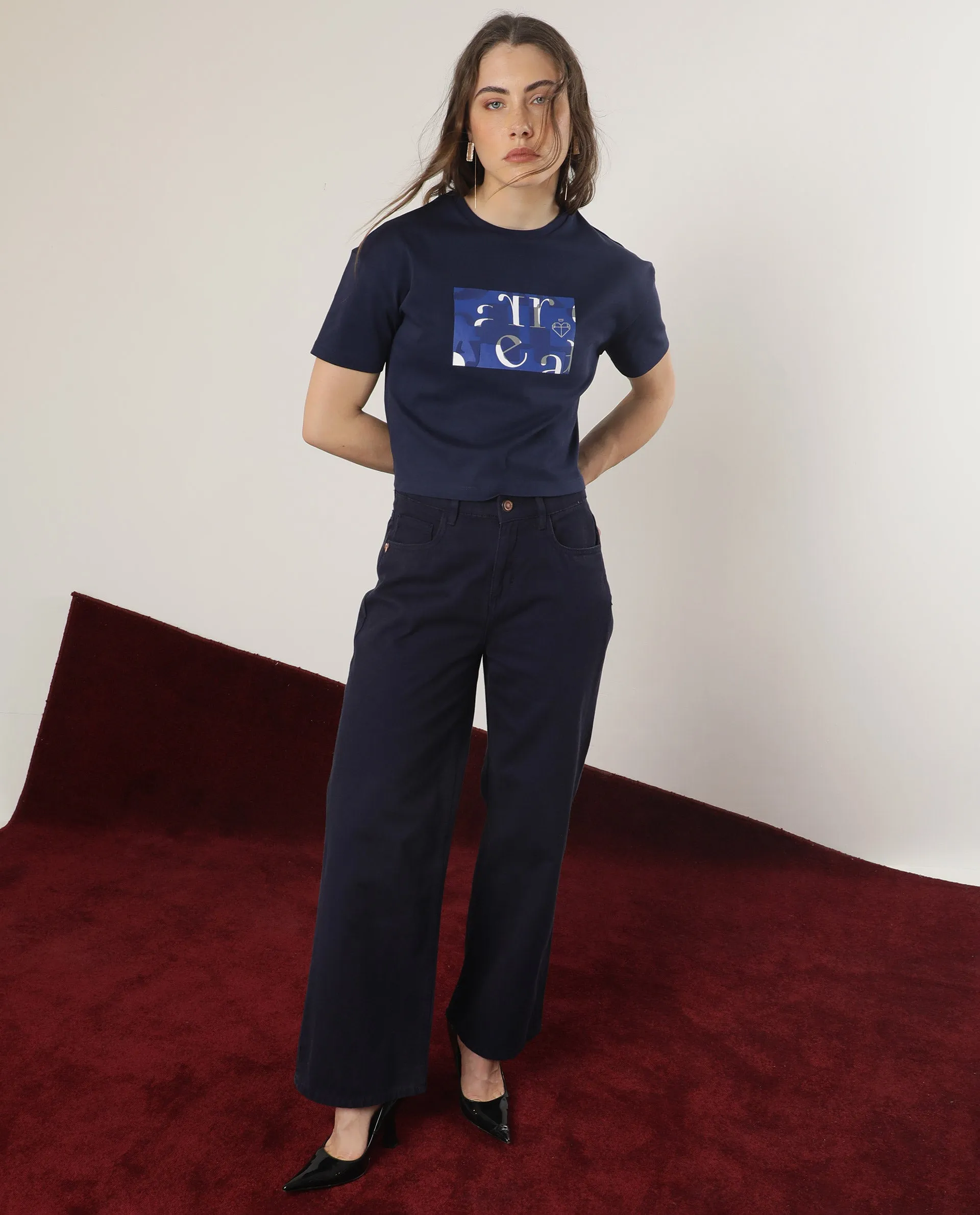 Rareism Women Iolet Blue Cotton Fabric Short Sleeves Crew Neck Regular Fit Graphic Print T-Shirt