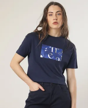 Rareism Women Iolet Blue Cotton Fabric Short Sleeves Crew Neck Regular Fit Graphic Print T-Shirt