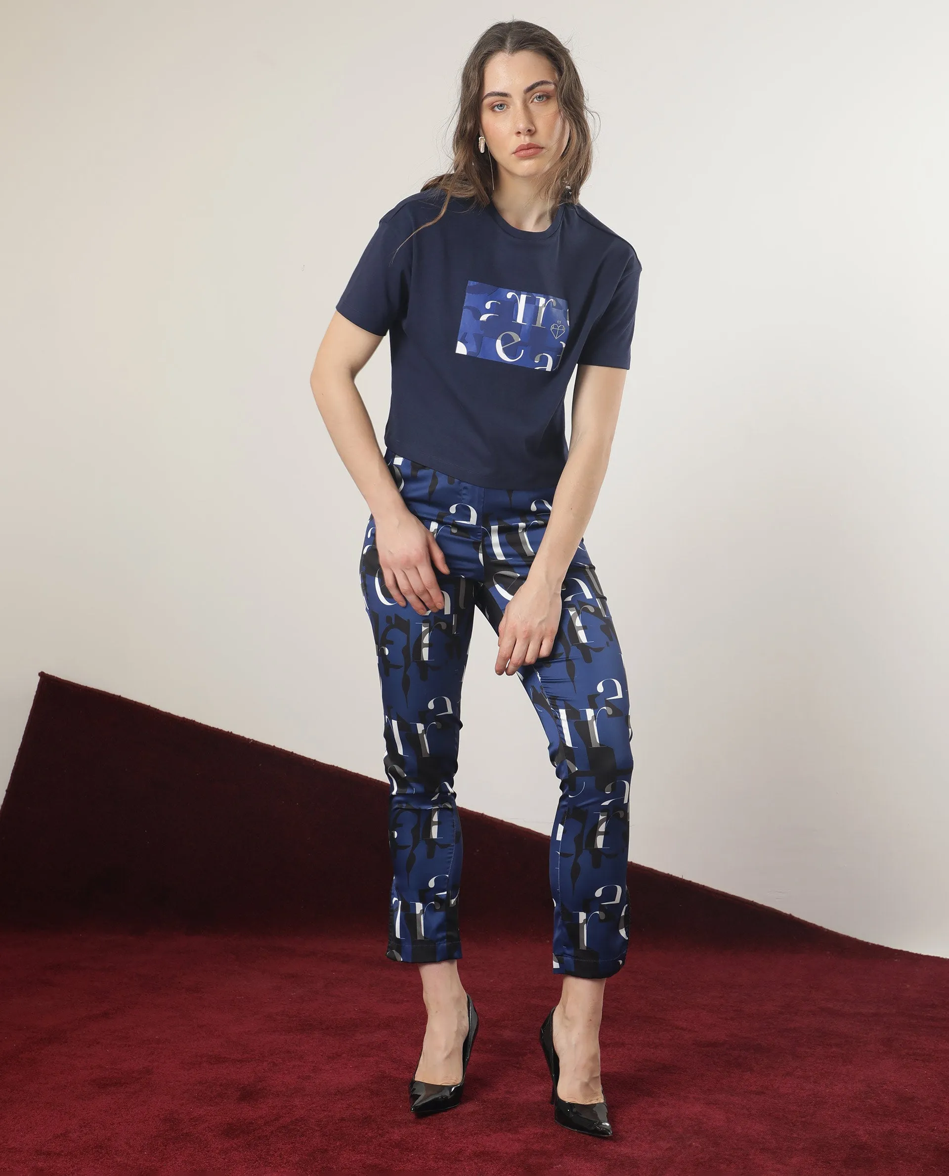 Rareism Women Iolet Blue Cotton Fabric Short Sleeves Crew Neck Regular Fit Graphic Print T-Shirt