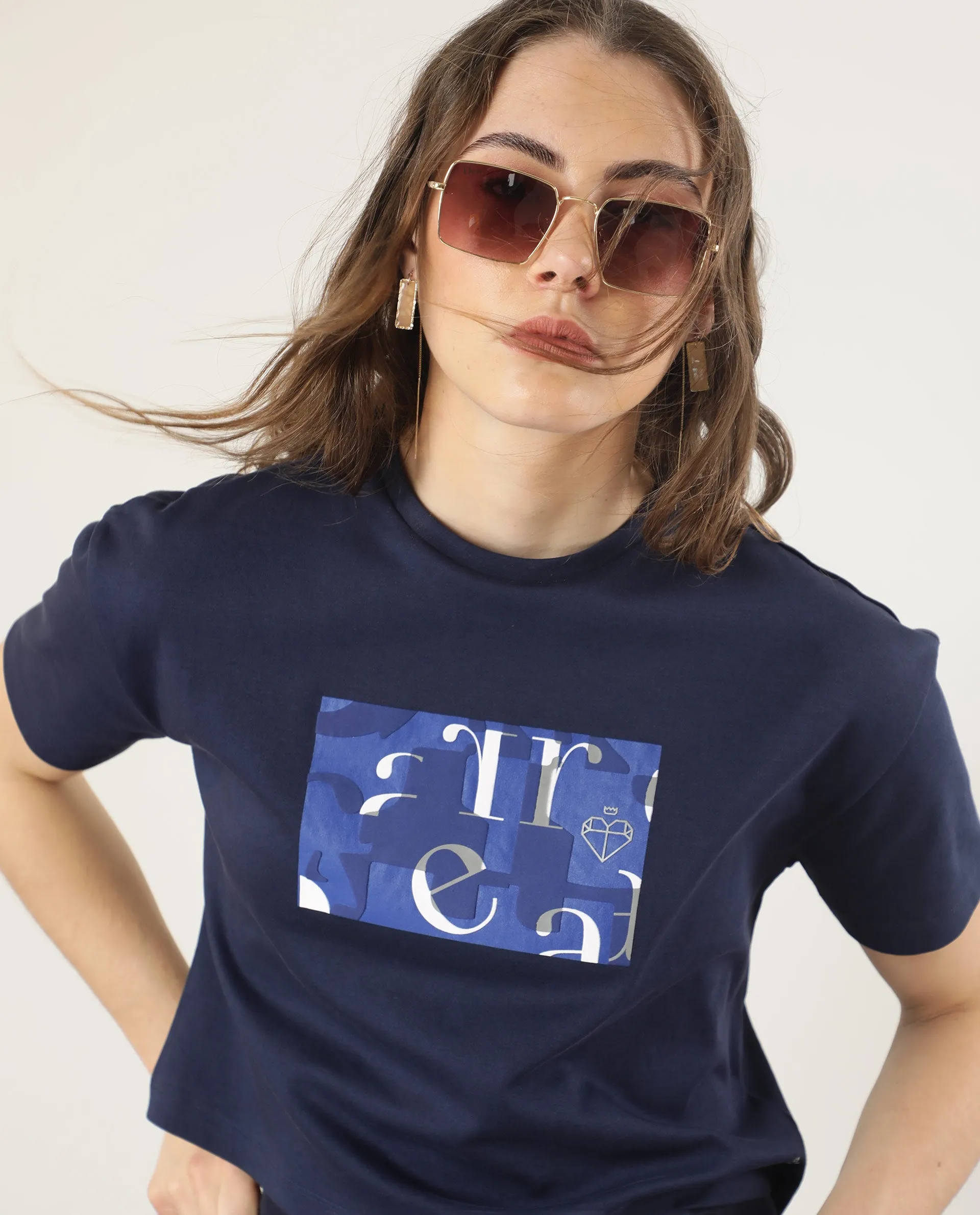 Rareism Women Iolet Blue Cotton Fabric Short Sleeves Crew Neck Regular Fit Graphic Print T-Shirt