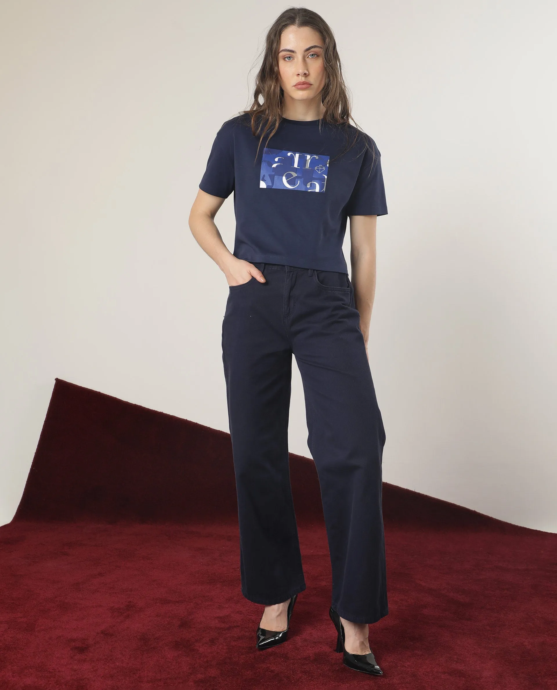Rareism Women Iolet Blue Cotton Fabric Short Sleeves Crew Neck Regular Fit Graphic Print T-Shirt