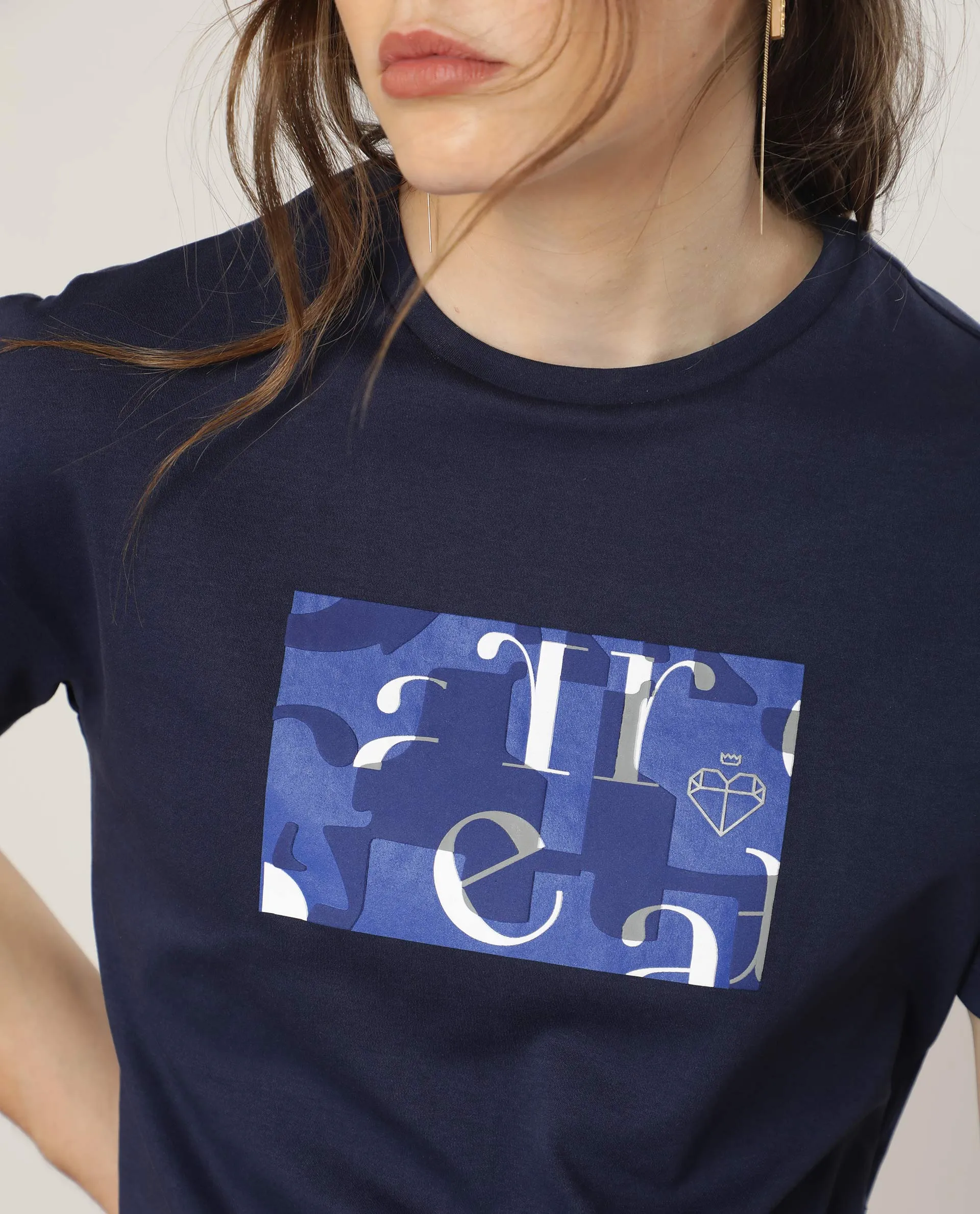 Rareism Women Iolet Blue Cotton Fabric Short Sleeves Crew Neck Regular Fit Graphic Print T-Shirt