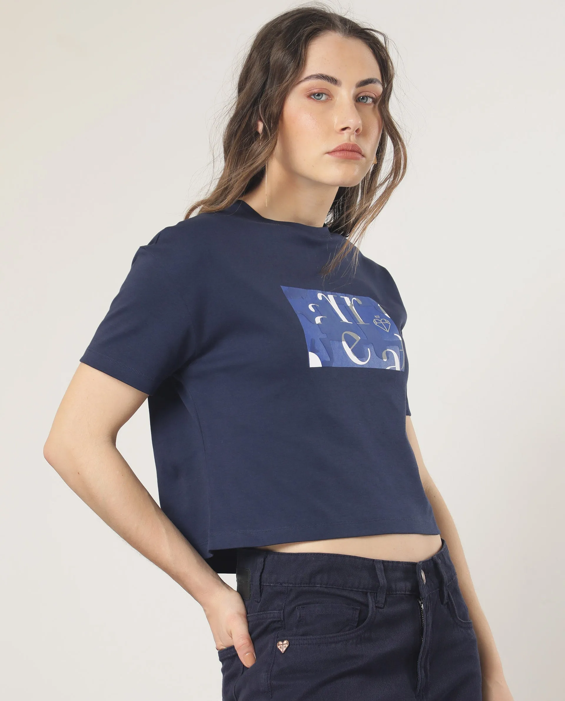 Rareism Women Iolet Blue Cotton Fabric Short Sleeves Crew Neck Regular Fit Graphic Print T-Shirt