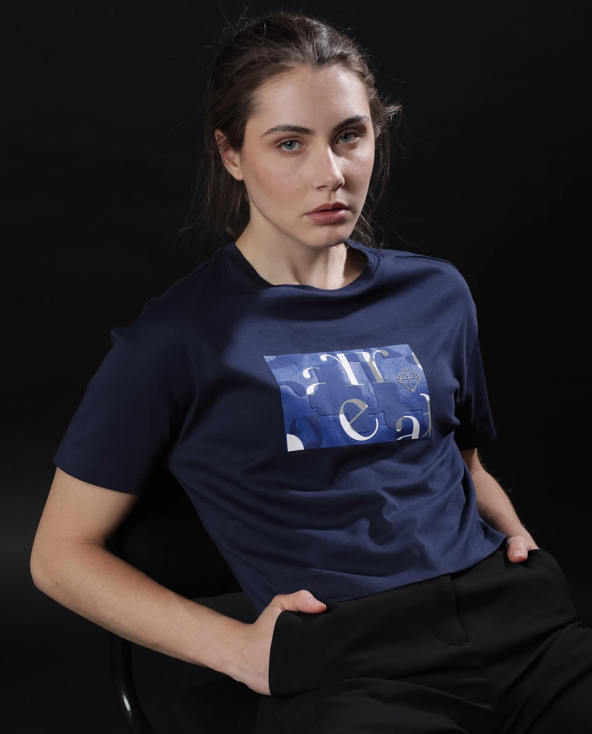Rareism Women Iolet Blue Cotton Fabric Short Sleeves Crew Neck Regular Fit Graphic Print T-Shirt
