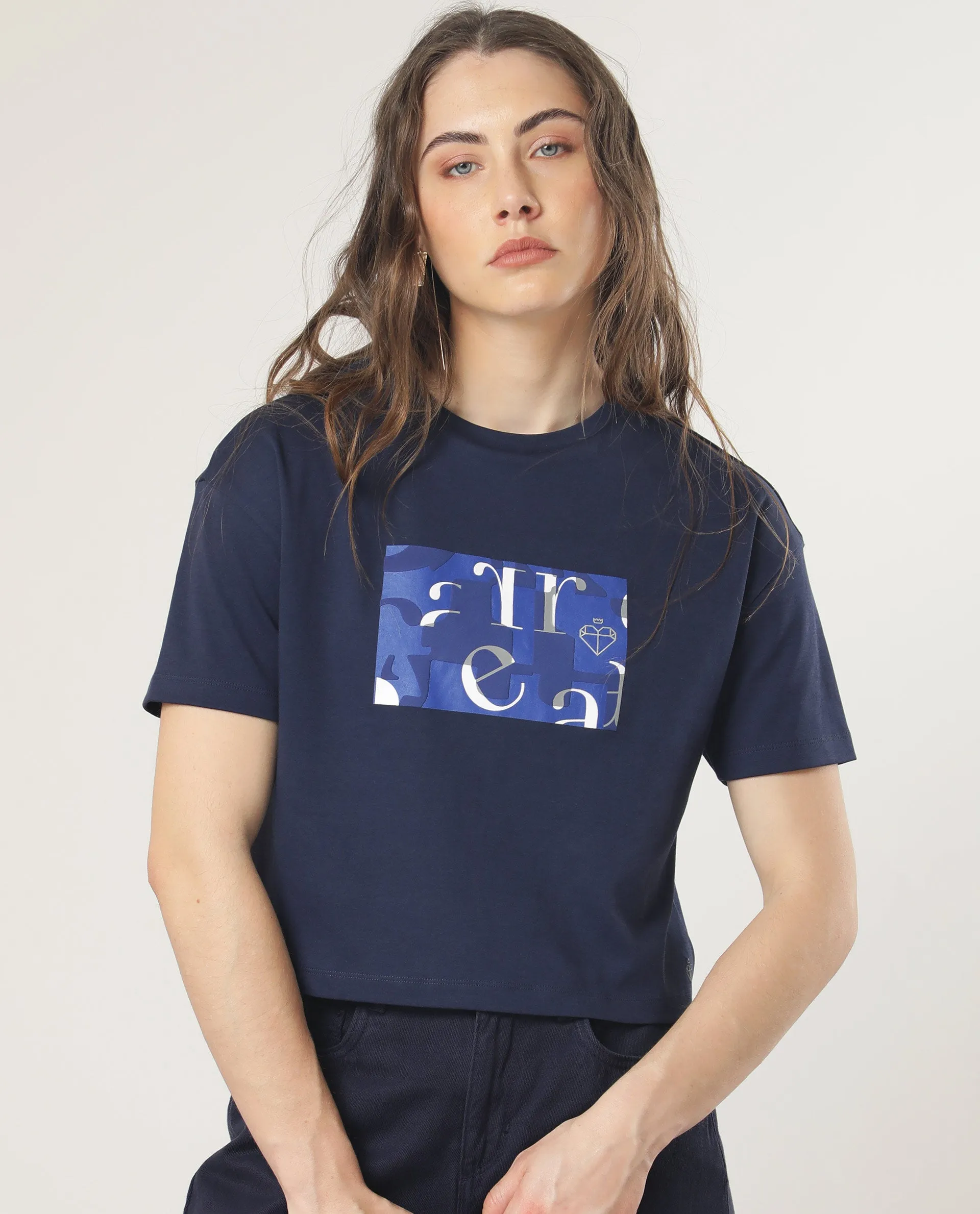 Rareism Women Iolet Blue Cotton Fabric Short Sleeves Crew Neck Regular Fit Graphic Print T-Shirt