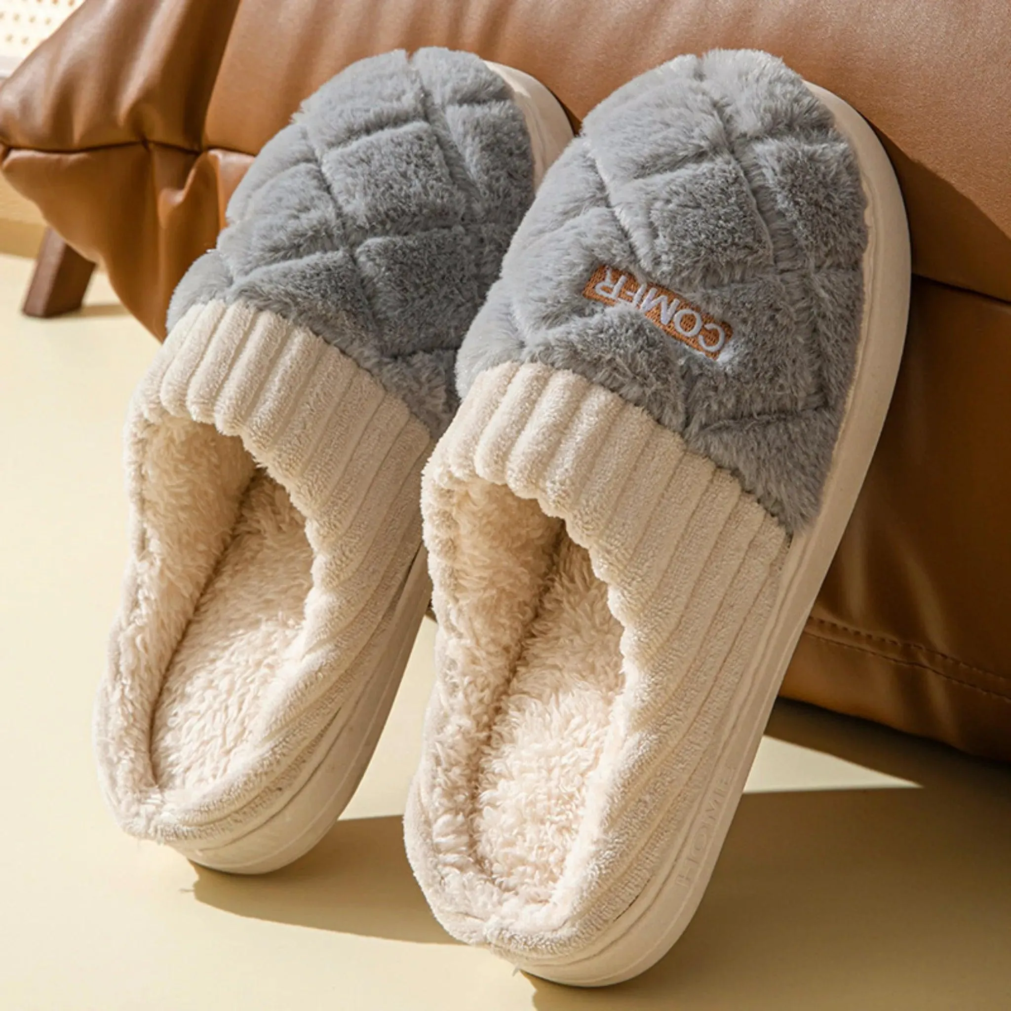 Rhombic Letter Home Slippers – Warm Non-slip Plush Shoes for Couples
