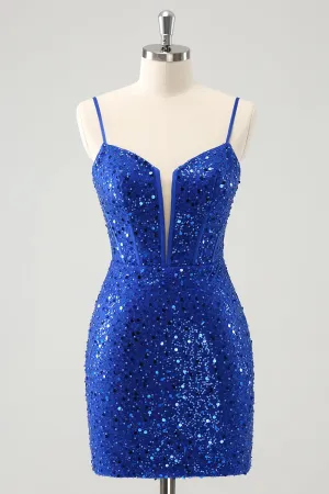 Sparkly Royal Blue Corset Tight Short Homecoming Dress with Sequins