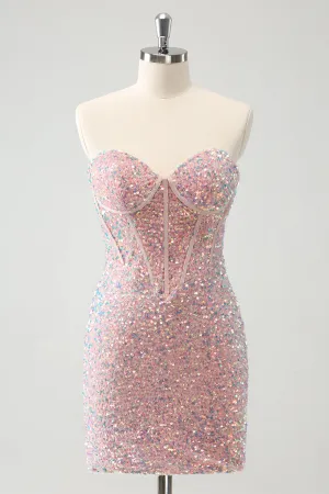 Sparkly Strapless Light Pink Tight Short Homecoming Dress with Sequins