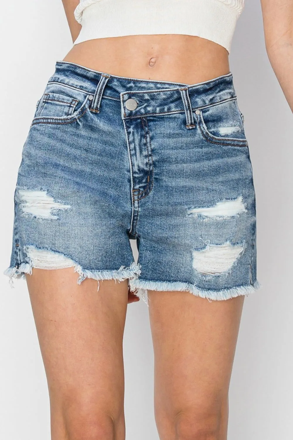 Stepped Waist Frayed Denim Shorts for Women
