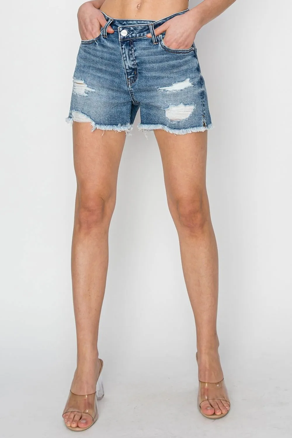 Stepped Waist Frayed Denim Shorts for Women