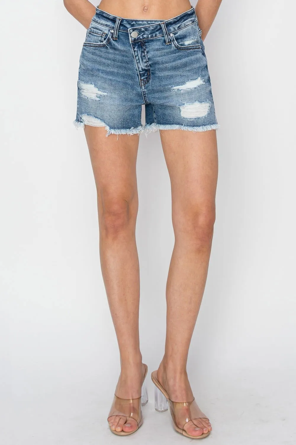 Stepped Waist Frayed Denim Shorts for Women