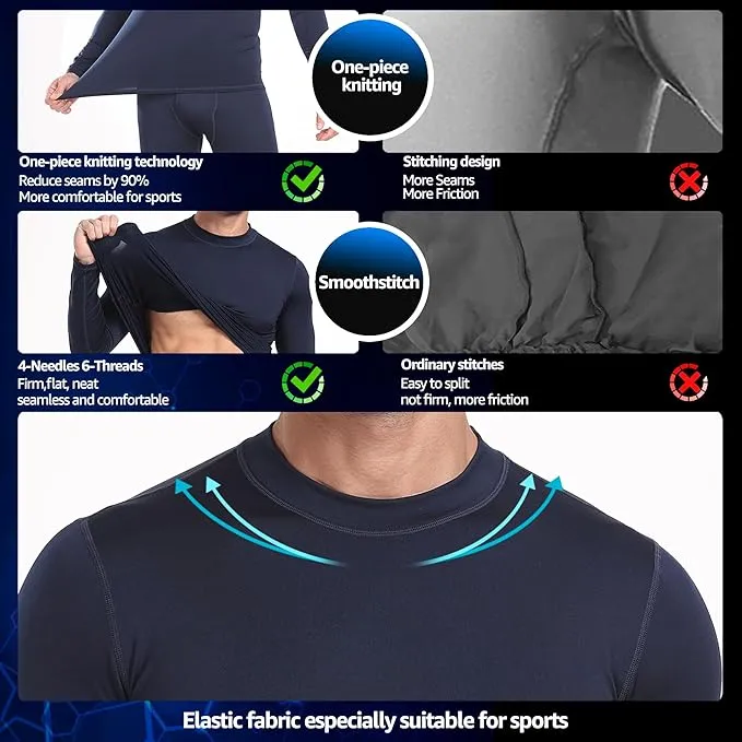 UNIQUEBELLA Mens Thermal Underwear Set Long Sleeve Tops Long Johns Thermal Base Layer Bottom Fleece Lined Quick Drying
