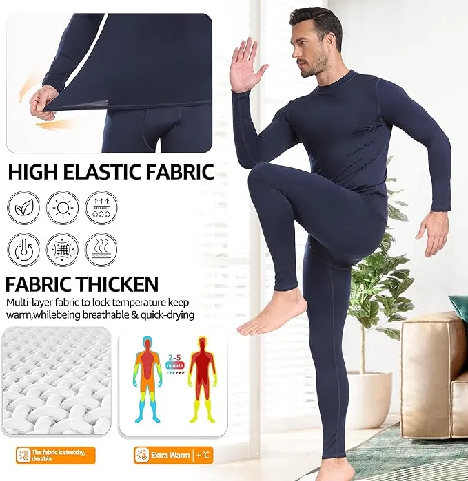 UNIQUEBELLA Mens Thermal Underwear Set Long Sleeve Tops Long Johns Thermal Base Layer Bottom Fleece Lined Quick Drying