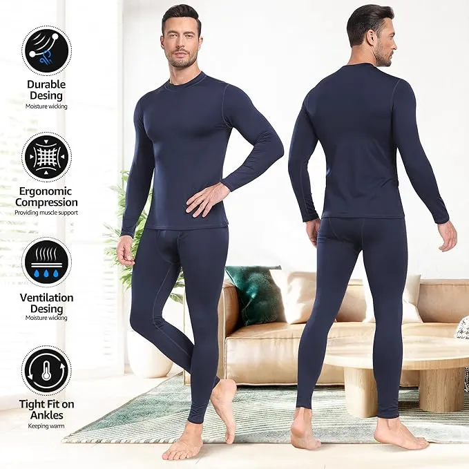UNIQUEBELLA Mens Thermal Underwear Set Long Sleeve Tops Long Johns Thermal Base Layer Bottom Fleece Lined Quick Drying
