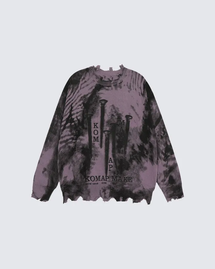 Vintage Tie-Dye Printed Loose Fit Frayed Sweater