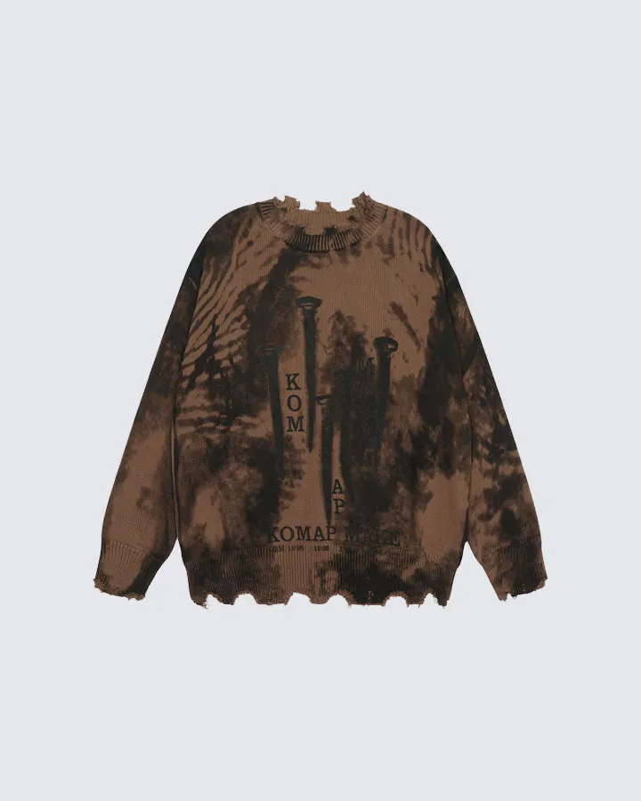 Vintage Tie-Dye Printed Loose Fit Frayed Sweater