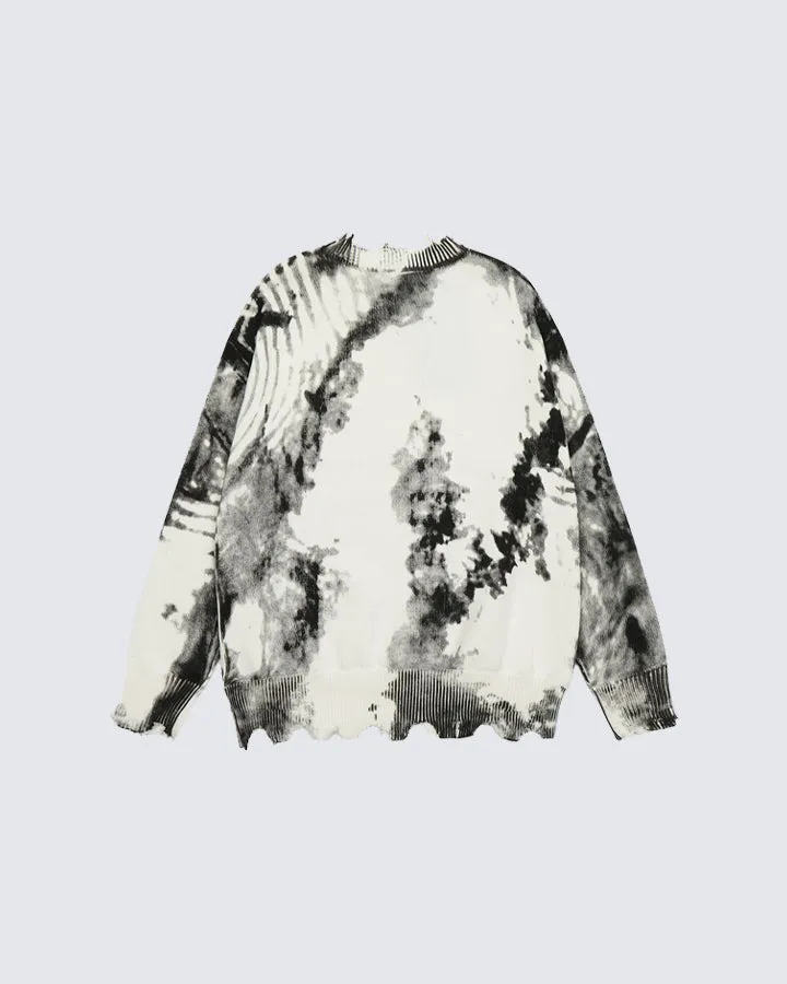 Vintage Tie-Dye Printed Loose Fit Frayed Sweater