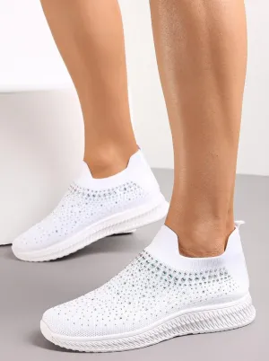White Diamante Detail Comfortable Knit Slip On Pumps