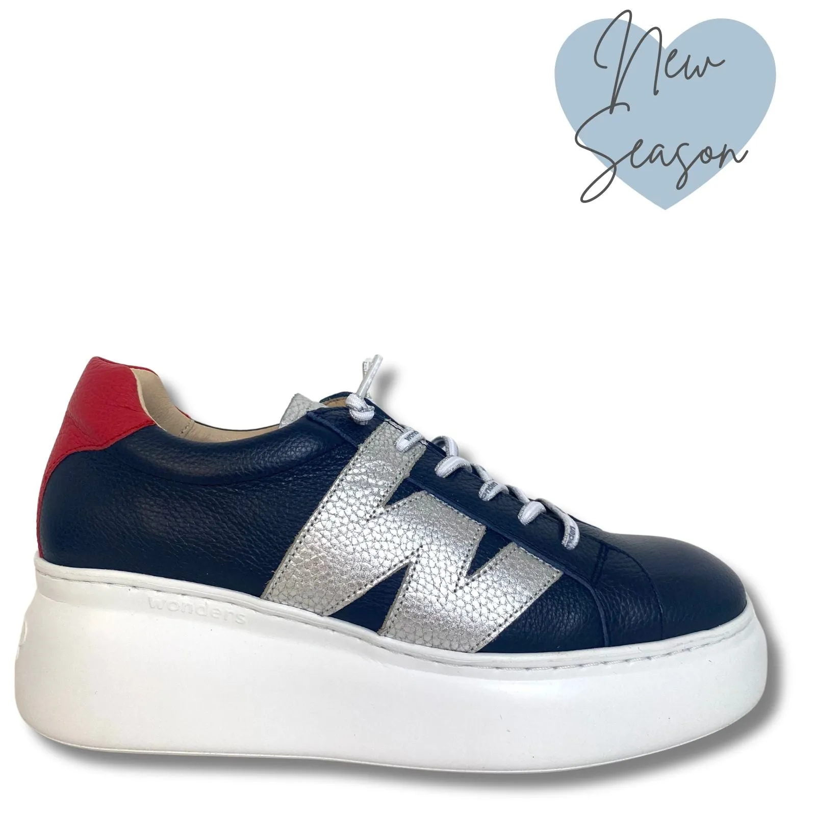 Wonders Navy, Silver & Red Leather Brand Lace Sneakers