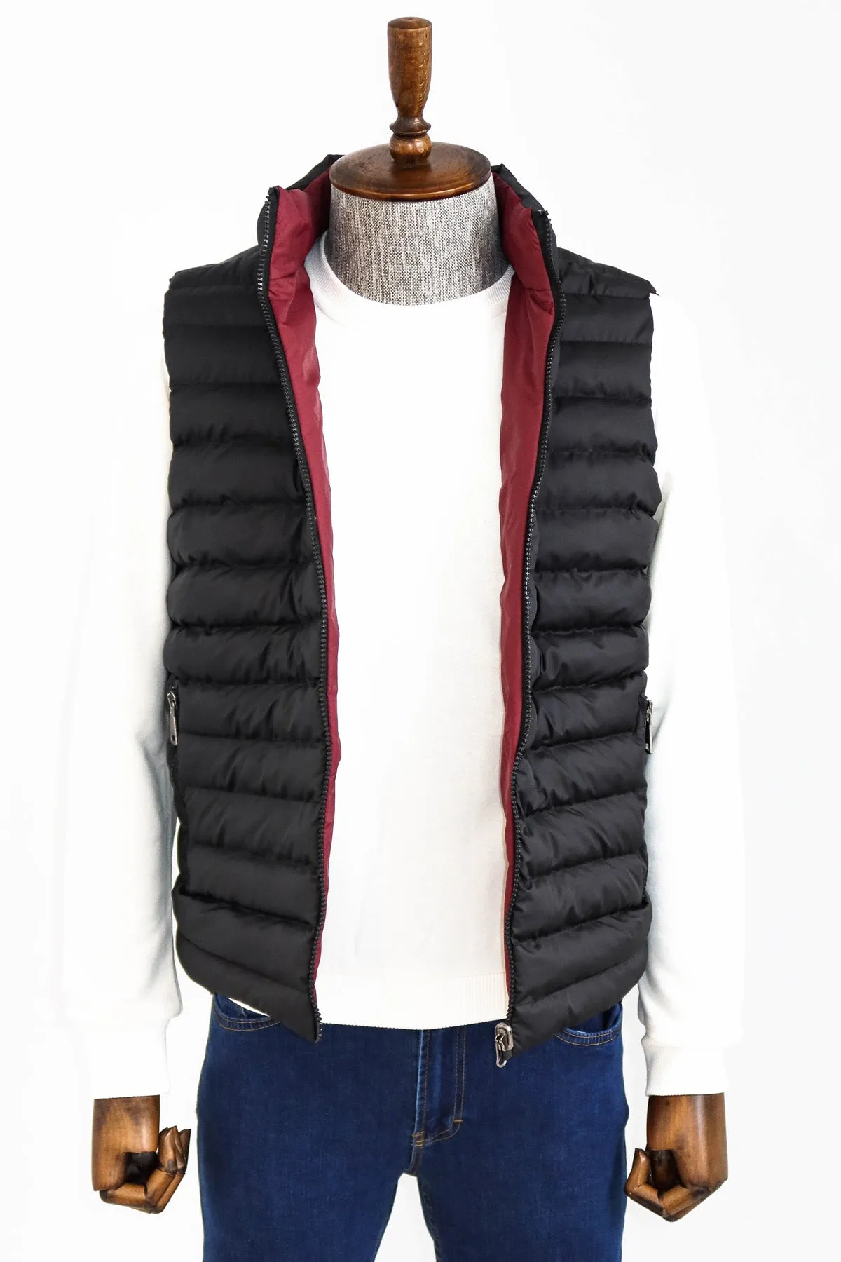 WSS Reversible Quilted Standing Collar Black Men Down Vest  - Singen