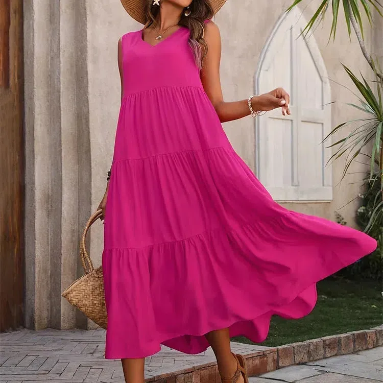 Y.KUKU Women Dress Summer Casual V-neck Loose Elegant Yellow Dress