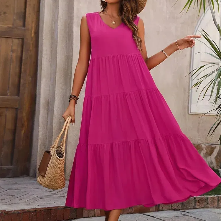 Y.KUKU Women Dress Summer Casual V-neck Loose Elegant Yellow Dress