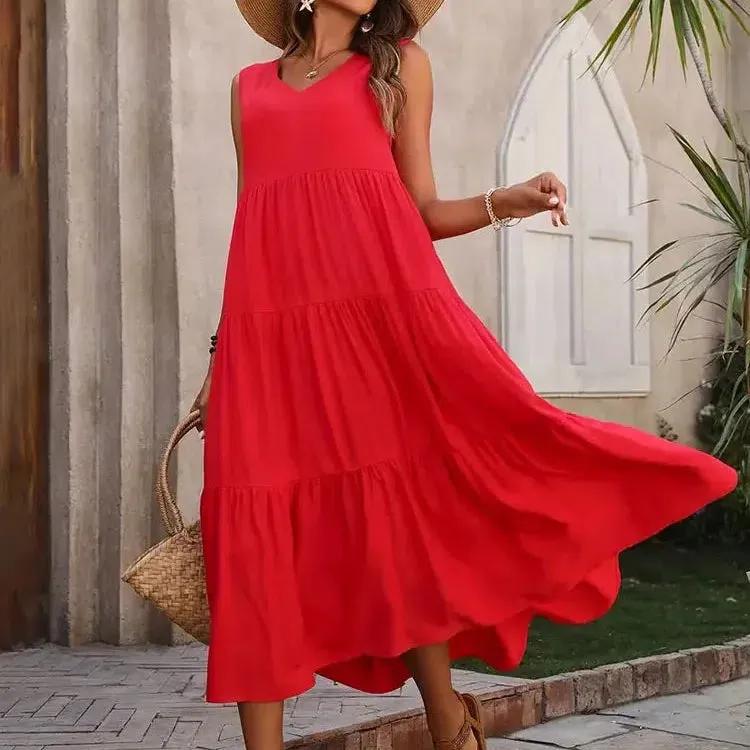 Y.KUKU Women Dress Summer Casual V-neck Loose Elegant Yellow Dress