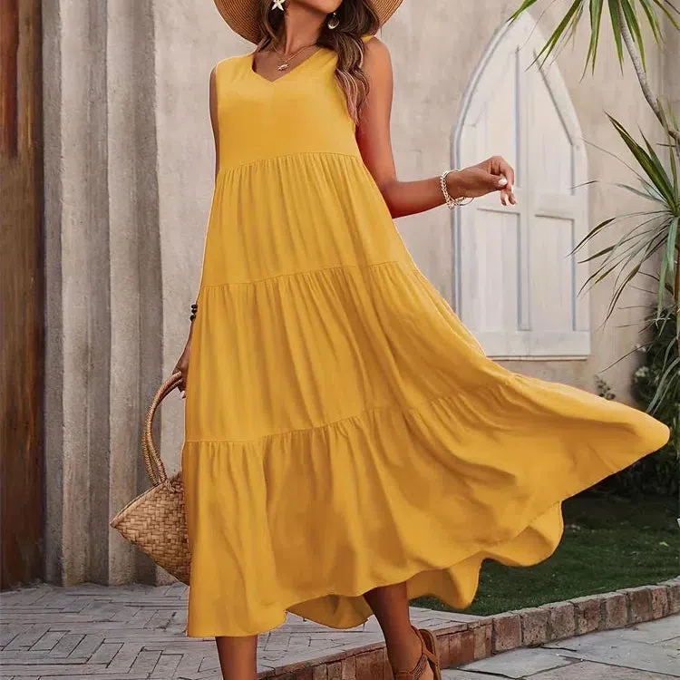 Y.KUKU Women Dress Summer Casual V-neck Loose Elegant Yellow Dress