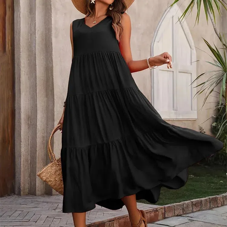 Y.KUKU Women Dress Summer Casual V-neck Loose Elegant Yellow Dress